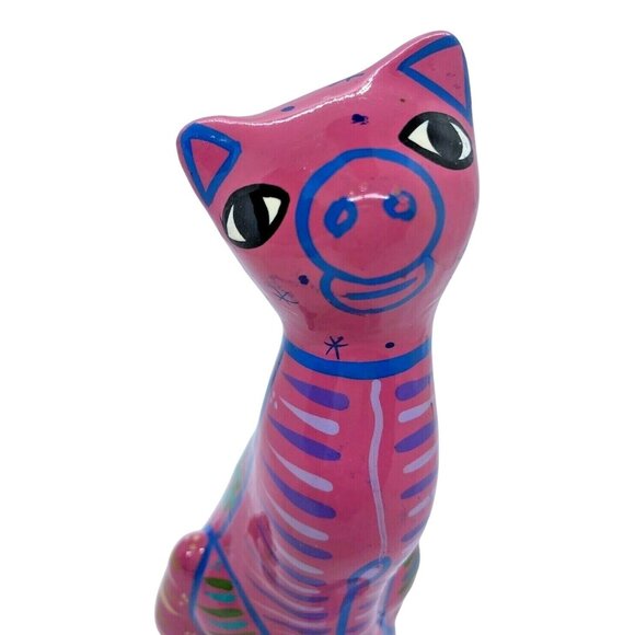Talavera Pink Ceramic Cat Handmade & Painted Mexican Folk Art Huichol Alebrijes - Picture 2 of 8